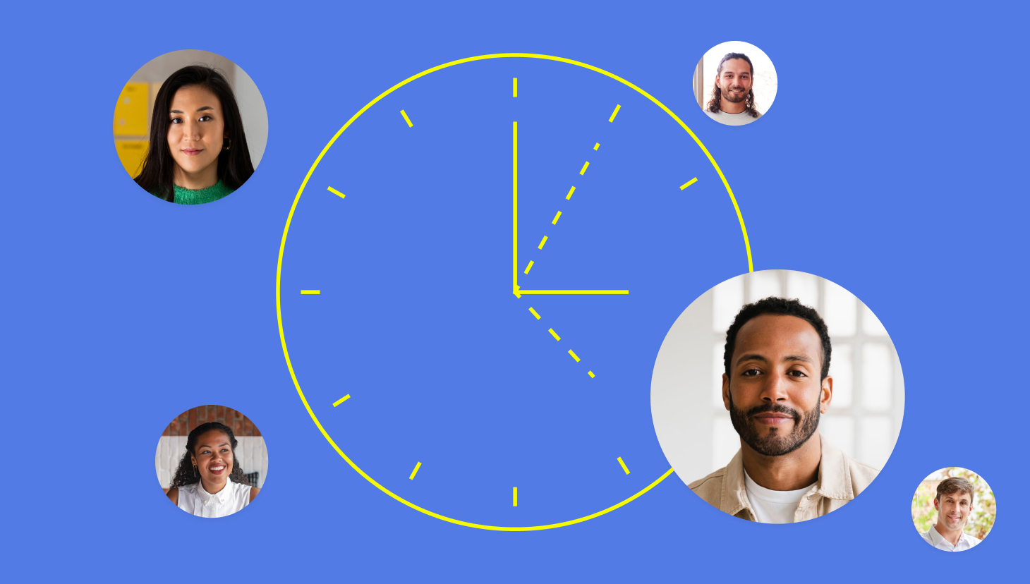 inbound lead response time blue background with clock and 5 portraits