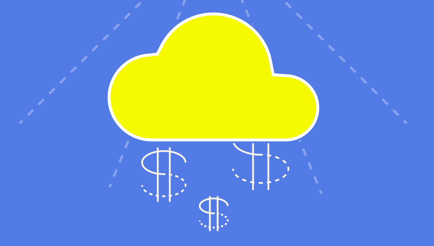 cloud-based solutions concept with yellow cloud and dollar signs raining out of it