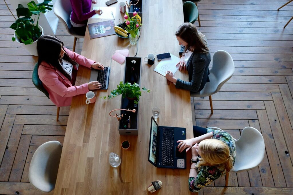 women at co-worker space, birds eye view